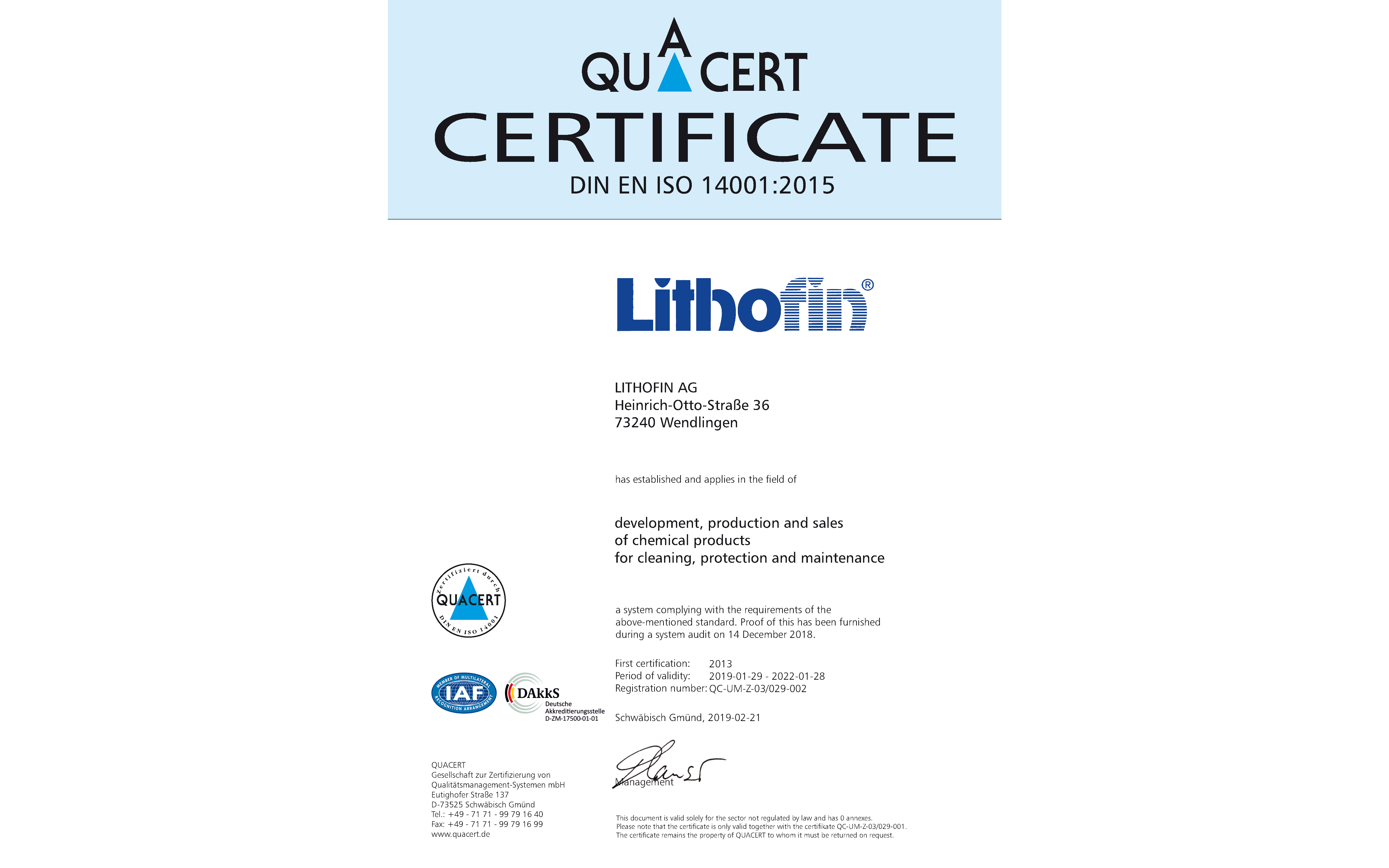 Lithofin Qualitätsmanagement Zertifizierung